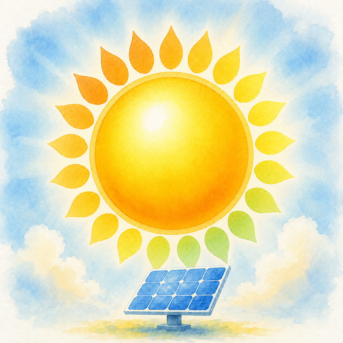 太陽とソーラーパネルを描いた太陽光発電シミュのアプリアイコン